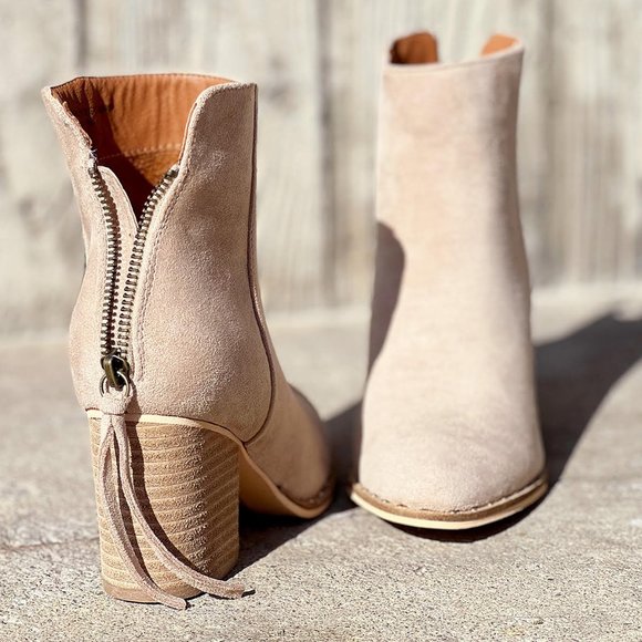 NEW Taupe Faux Suede Pointed Toe Rivet Mini Studded Block Heel Ankle Bootie Boot - Picture 12 of 16